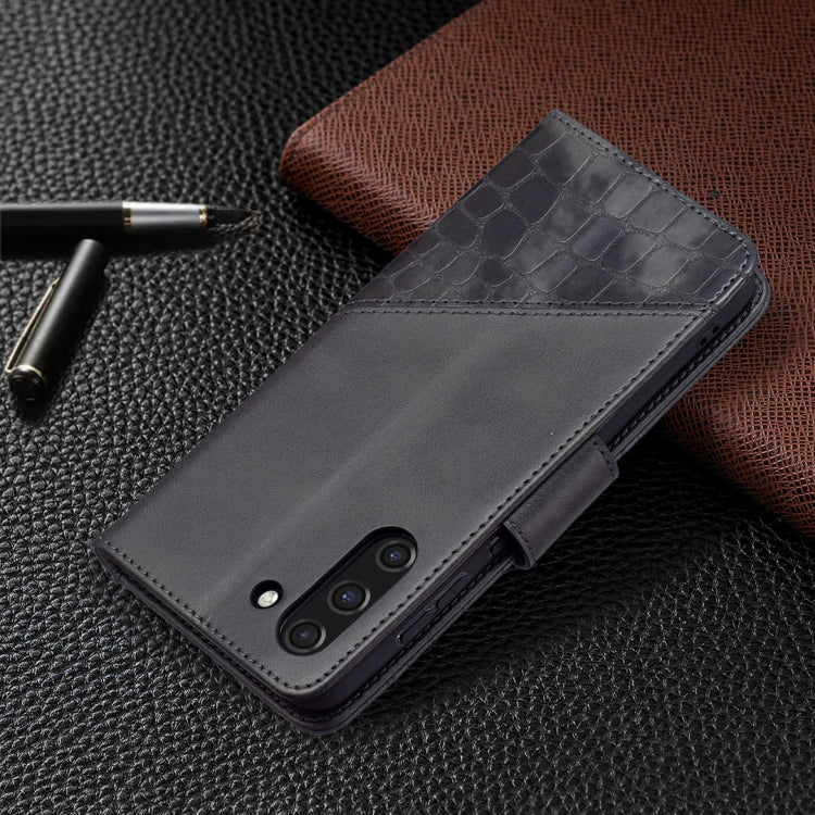 Dark gray PU leather flip wallet phone case with crocodile texture and camera cutout