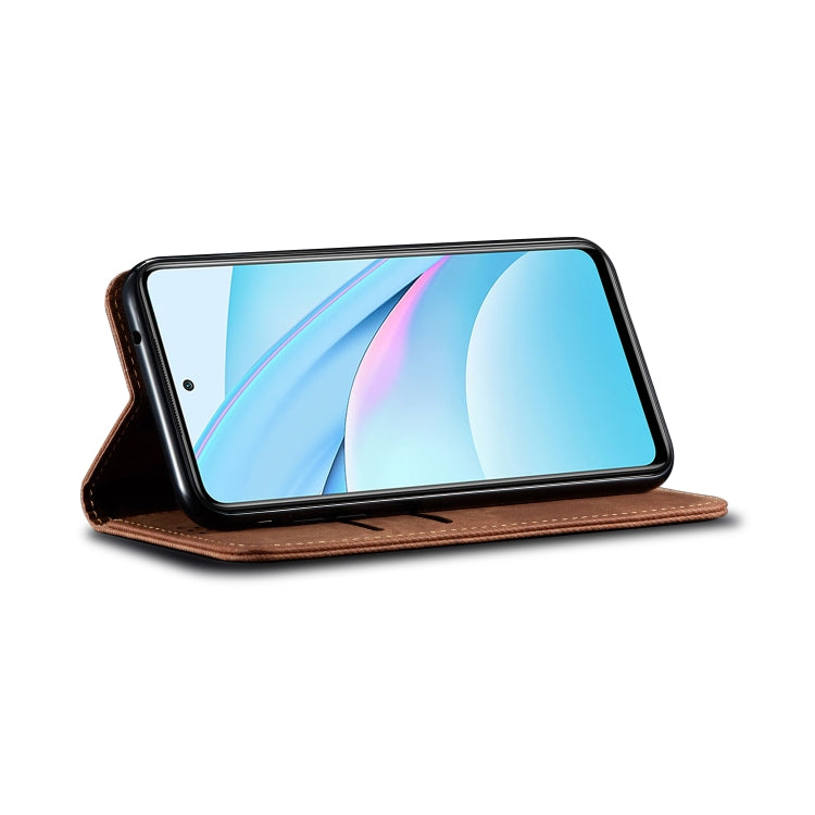 Brown denim flip phone wallet case with kickstand-style fold