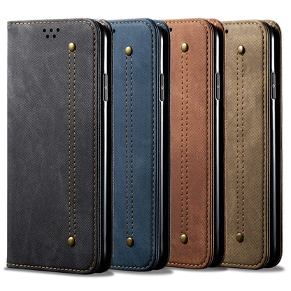 Set of flip leather phone wallet cases in denim textures with card slots and magnetic snap