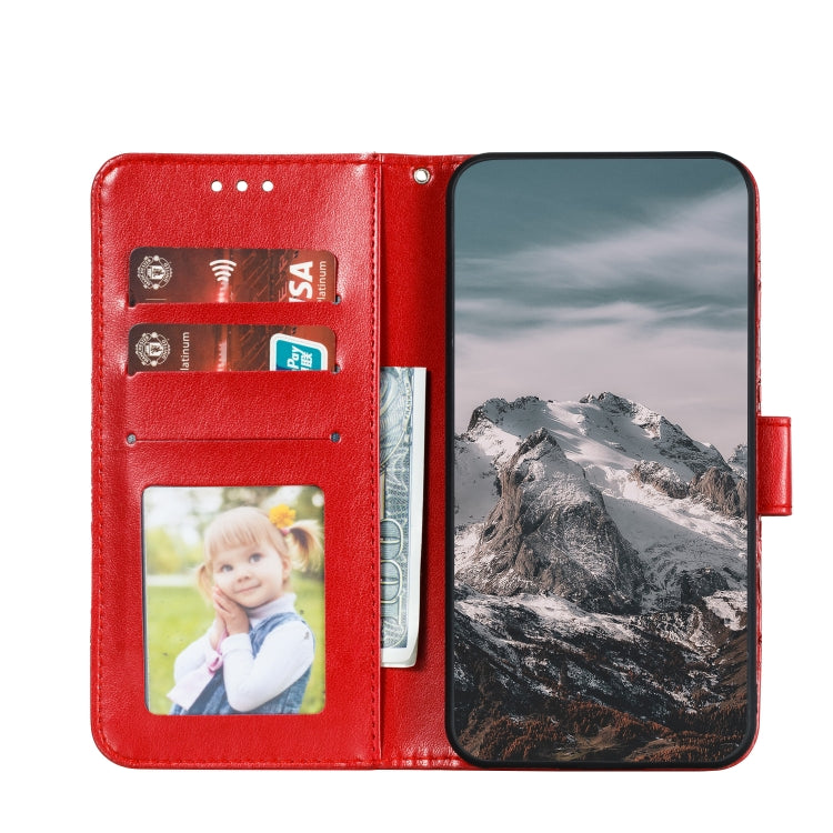 Red folio wallet phone case open view with card slots and photo insert pocket.
