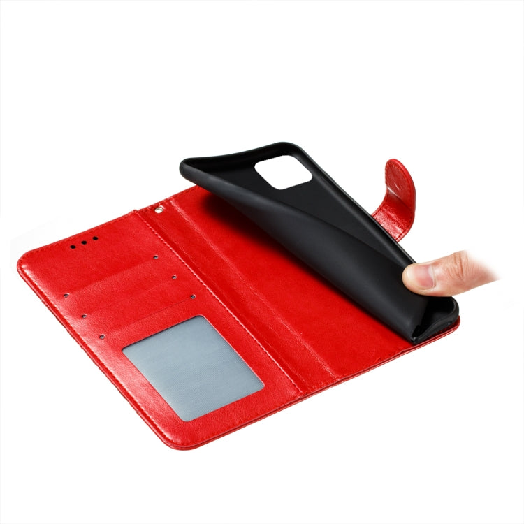 Red folio phone case interior with card slot and cutout for camera access.