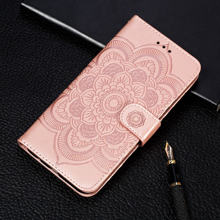 Sun mandala embossed PU leather wallet flip case, rose-gold snap with card slots