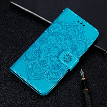 Sun mandala embossed PU leather wallet flip case, blue snap with card slots