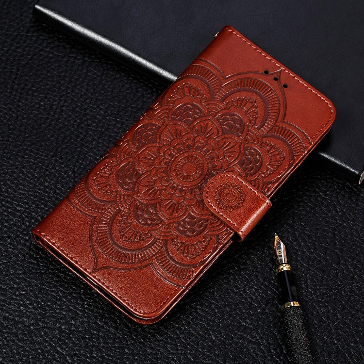 Sun mandala embossed PU leather wallet flip case, brown snap with card slots