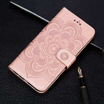 Sun mandala embossed PU leather wallet flip case, rose-gold snap and card slots