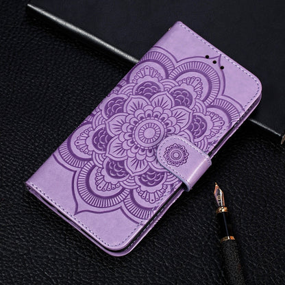 Sun mandala embossed PU leather wallet flip case, purple snap and card slots