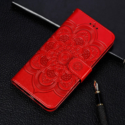 Mandala embossed PU leather flip phone wallet case with card slots, red