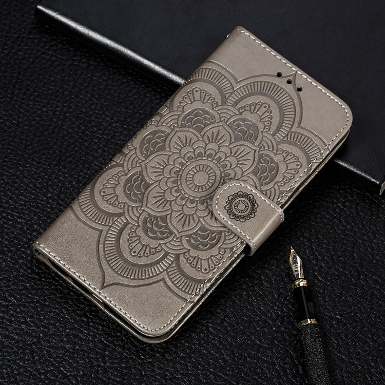 Mandala embossed PU leather flip phone wallet case with card slots, gray