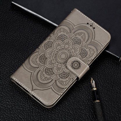 Grey PU leather flip wallet phone case with embossed sun mandala pattern