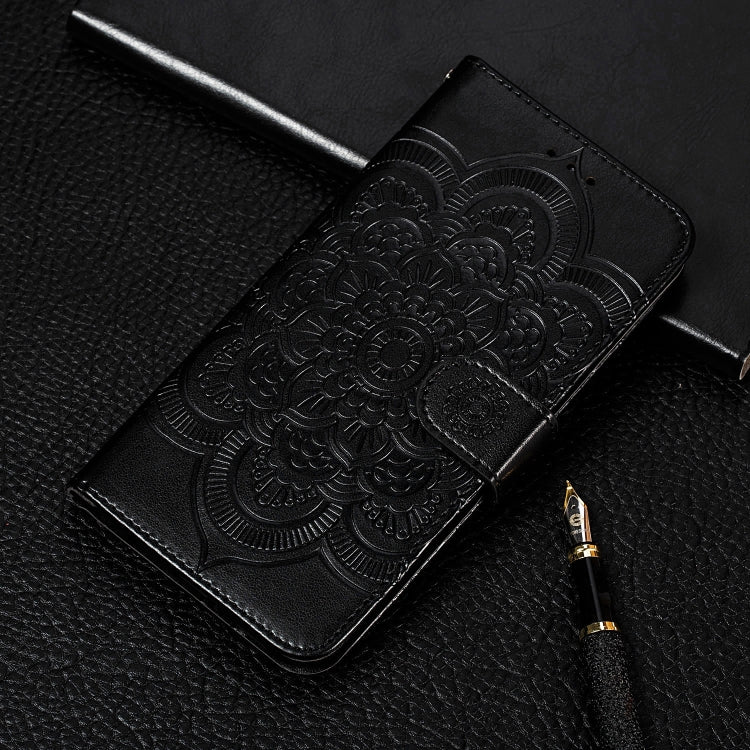 Black PU leather flip wallet phone case with embossed sun mandala pattern