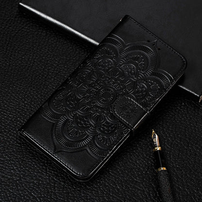 Black PU leather flip wallet phone case with embossed sun mandala pattern