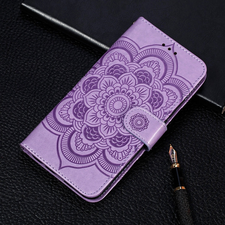 PU leather flip phone wallet case with sun mandala embossing, purple card slots