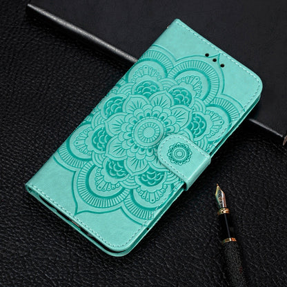 PU leather flip phone wallet case with sun mandala embossing, green card slots