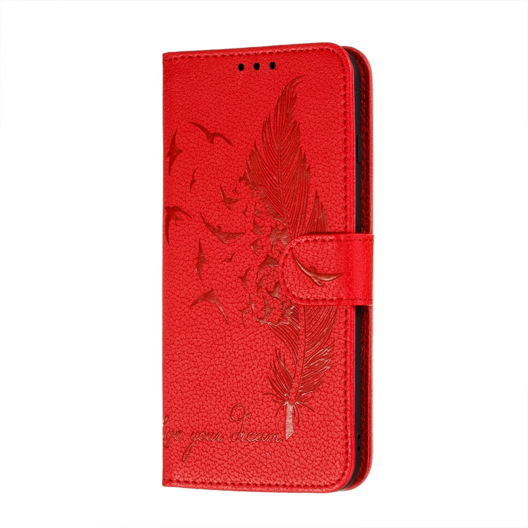 Red leather flip phone wallet case with feather embossing and front card slot window