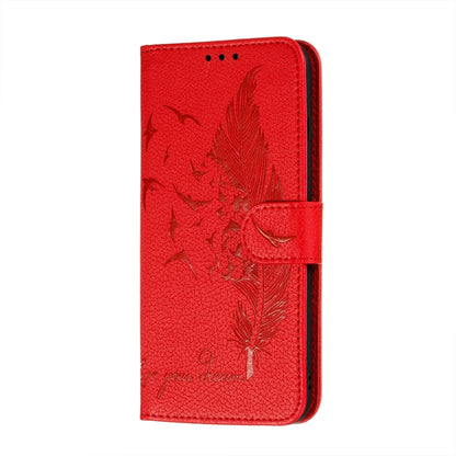 Red leather flip phone wallet case with feather embossing and front card slot window