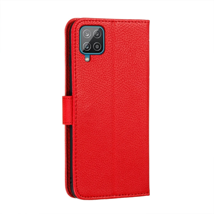 Red leather phone wallet case with textured finish and camera cutout