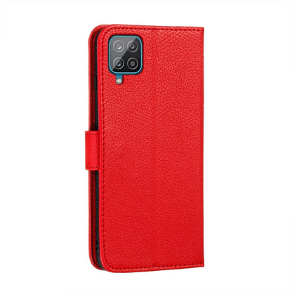 Red leather phone wallet case with textured finish and camera cutout