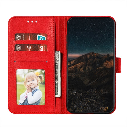 Red flip leather phone wallet case open view with card slots and inner photo window
