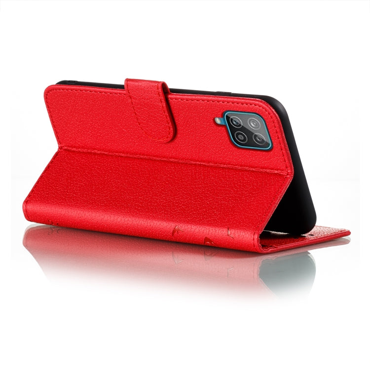 Red leather flip phone wallet case with side strap and camera cutout