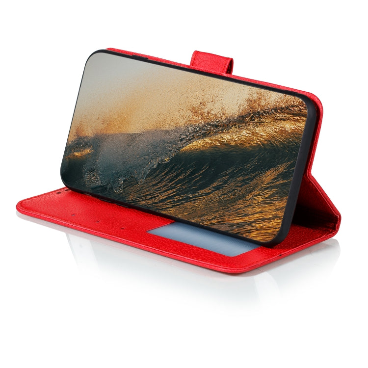 Red leather phone wallet case flipped open with front screen cover