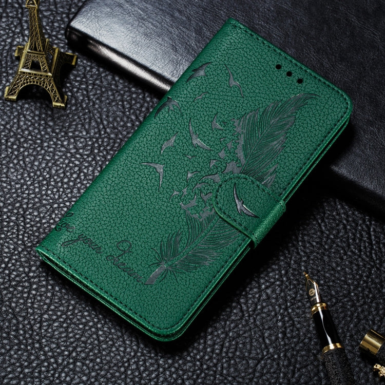 Green leather phone wallet case with embossed feather leaf pattern, flip cover