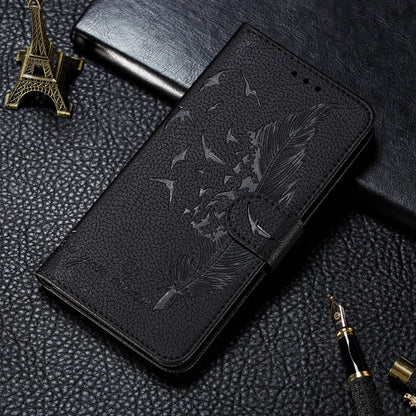 Black leather phone wallet case with embossed feather leaf pattern, flip cover
