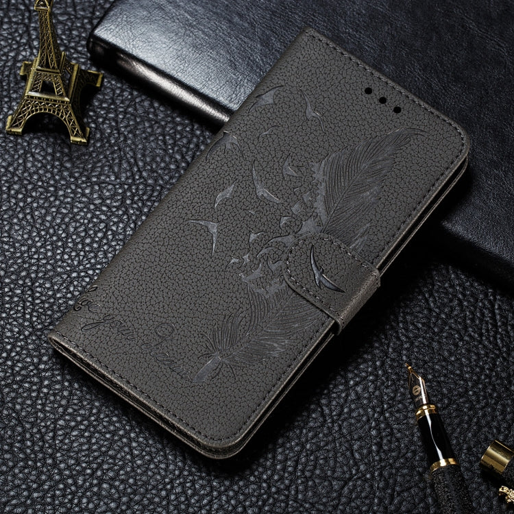 Gray embossed feather-leaf litchi-textured flip phone case with top flap and cutouts