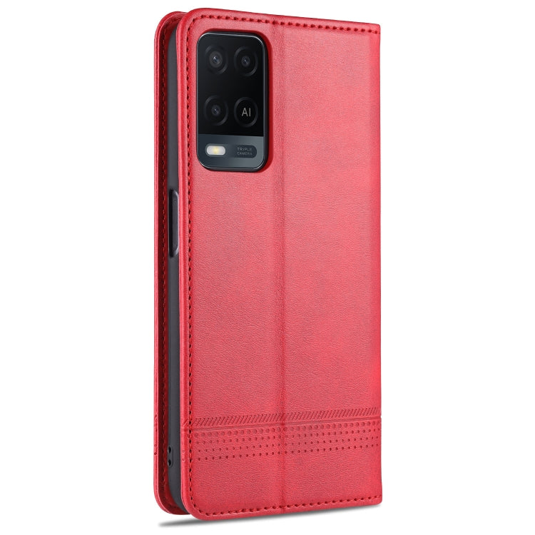 Red magnetic flip leather phone case with camera cutout and card slots.