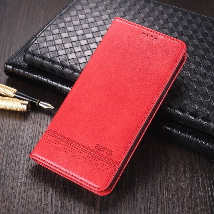 Red magnetic flip leather phone case with card slot panel and wallet.