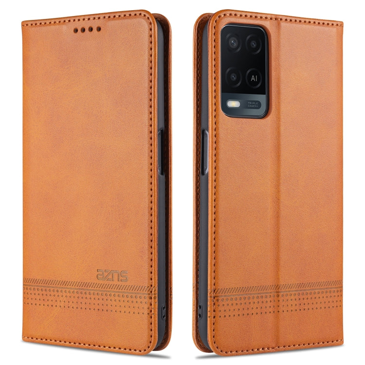 AZNS magnetic flip leather wallet case with card slots, tan color, phone camera cutout.