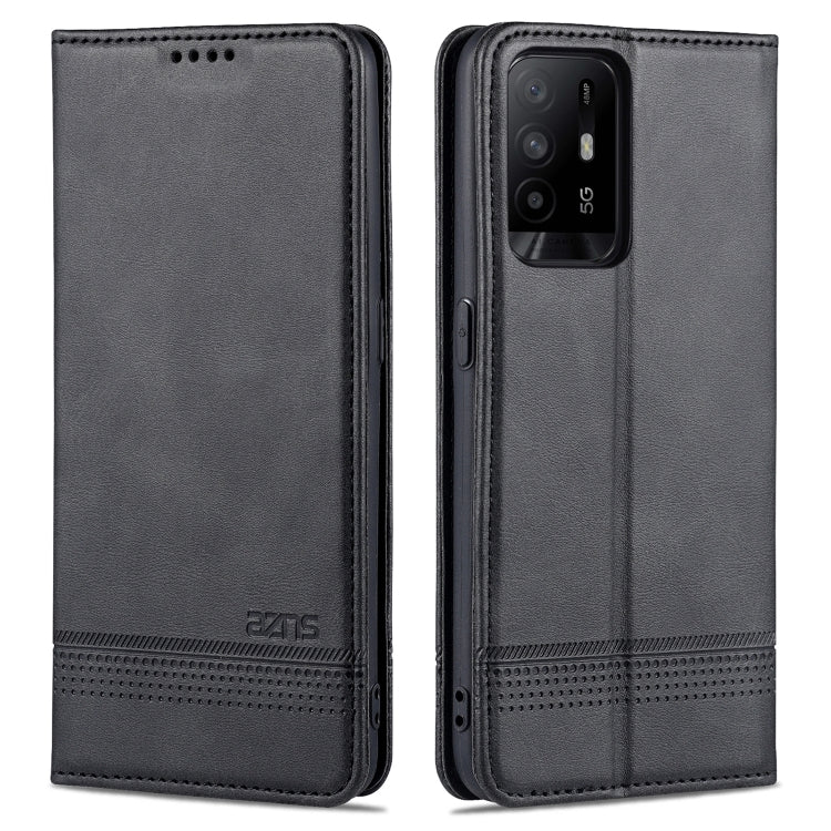 AZNS magnetic flip leather wallet case with card slots, dark gray/black color, phone camera cutout.
