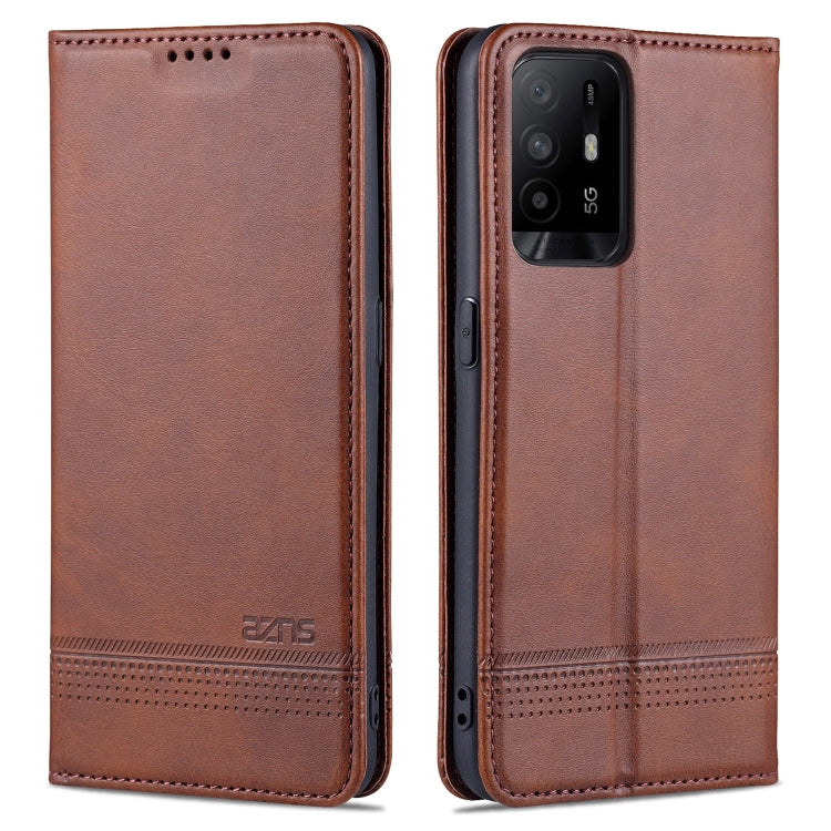 AZNS magnetic flip leather wallet case with card slots, brown color, phone camera cutout.