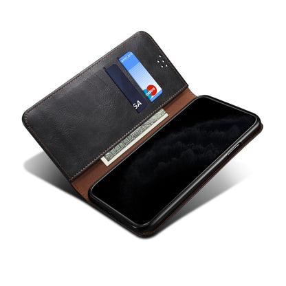 Black leather flip phone wallet case with card slots and open cover, angled view.