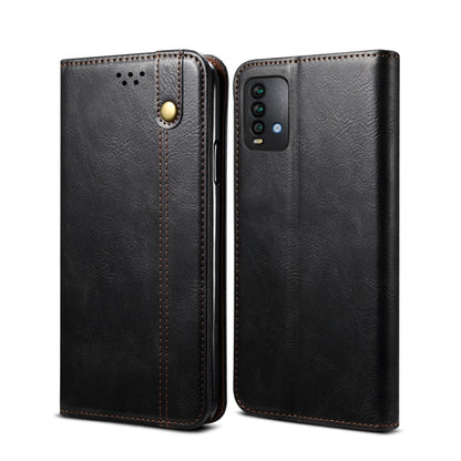 Black flip leather phone case with camera cutout and snap button