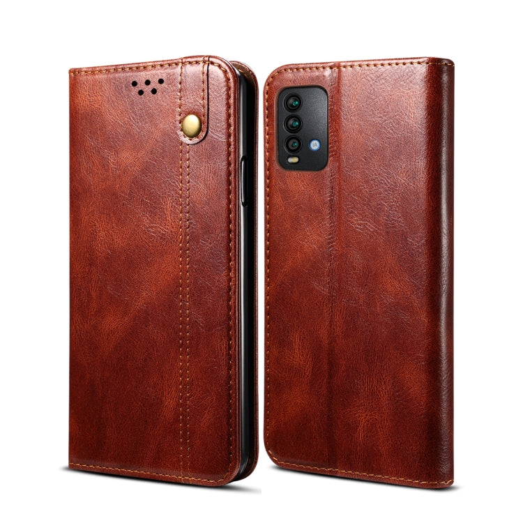 Brown flip leather phone case with camera cutout and snap button
