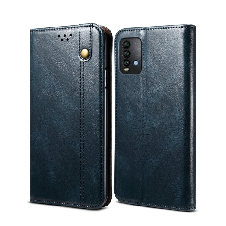 Dark blue flip leather phone case with camera cutout and snap button