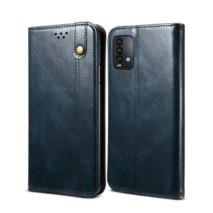 Dark blue flip leather phone case with camera cutout and snap button