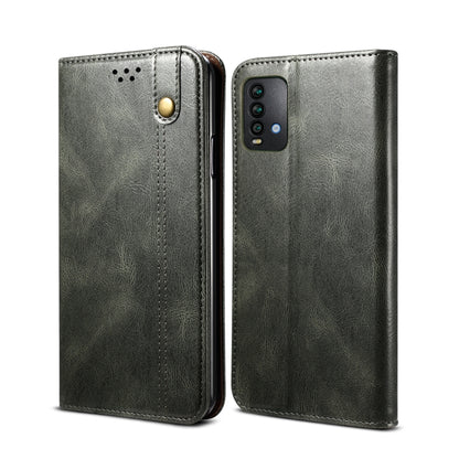 Dark green flip leather phone case with camera cutout and snap button
