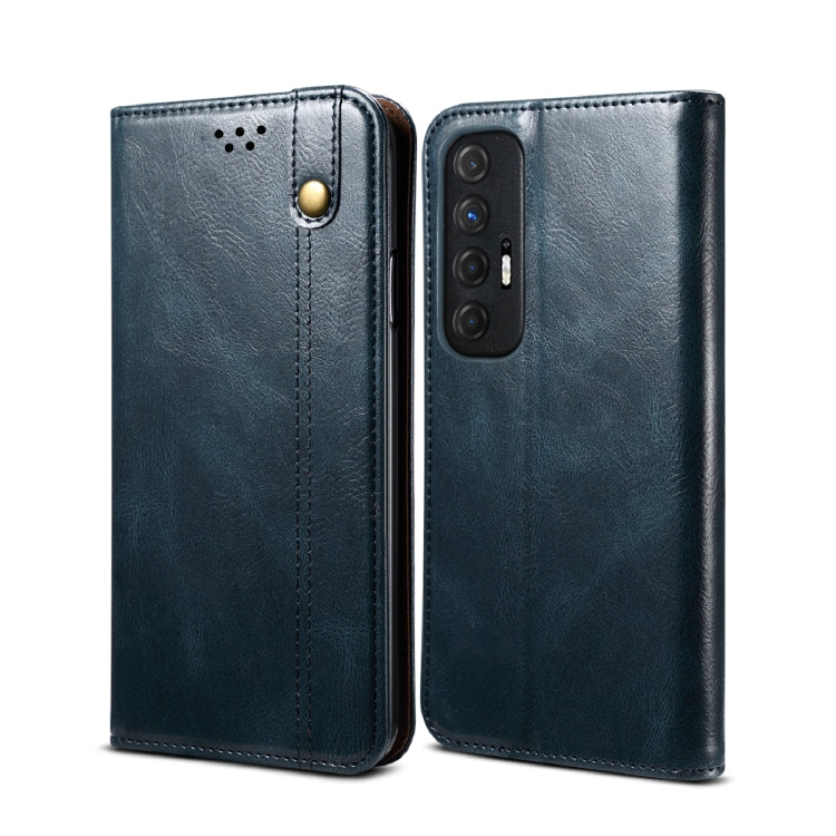 Navy blue leather wallet flip phone case with card slots and gold snap camera cutout