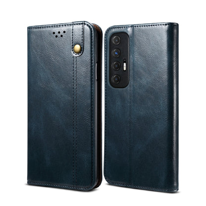 Navy blue leather wallet flip phone case with card slots and gold snap camera cutout