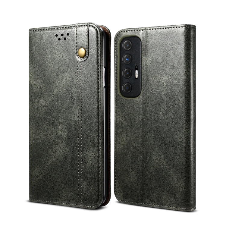 Dark green leather wallet flip phone case with card slots and gold snap camera cutout