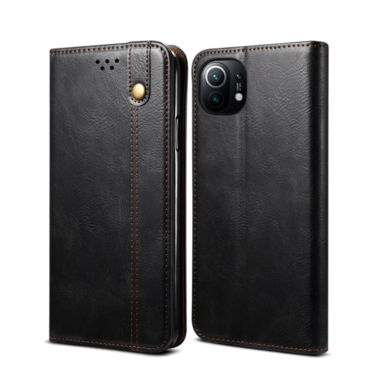 Crazy horse leather wallet phone case with horizontal flip, card slots, black-brown