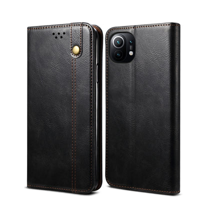 Crazy horse leather wallet phone case with horizontal flip, card slots, black-brown
