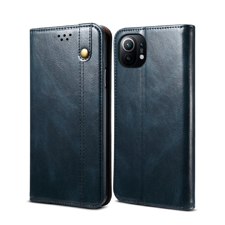 Crazy horse leather wallet phone case with horizontal flip and card slots, dark blue