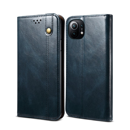 Crazy horse leather wallet phone case with horizontal flip and card slots, dark blue