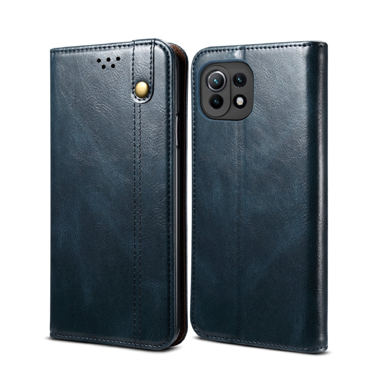Crazy horse leather wallet phone case with horizontal flip and card slots, navy blue