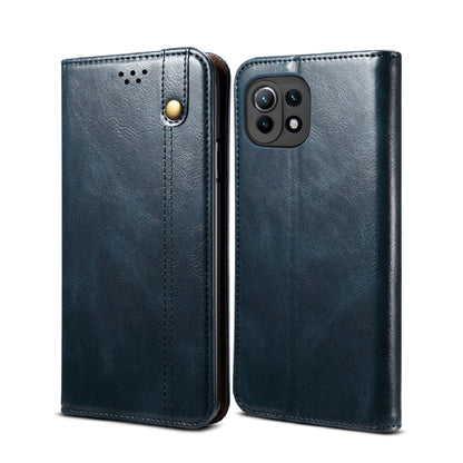 Crazy horse leather wallet phone case with horizontal flip and card slots, navy blue