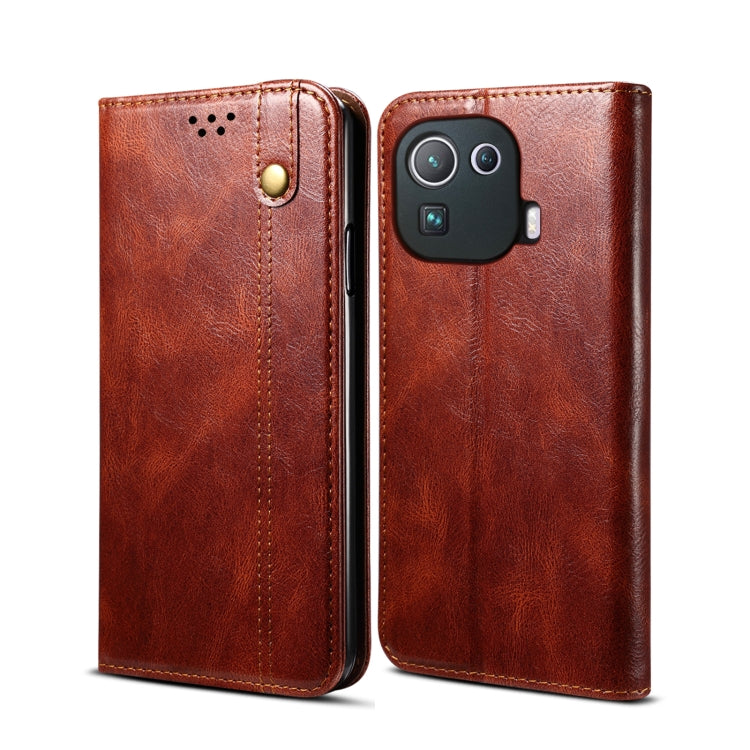 Crazy horse leather wallet phone case with horizontal flip and card slots, brown