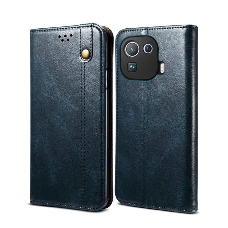 Navy blue crazy horse leather wallet flip phone case with card slots