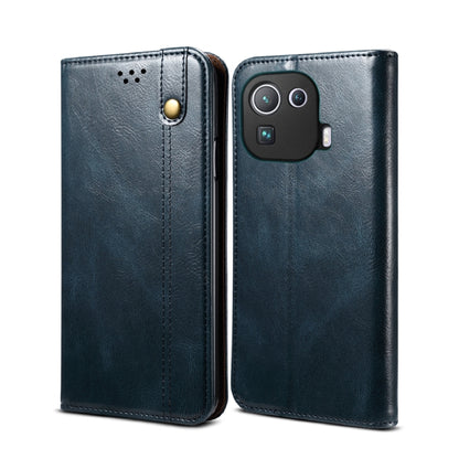 Navy blue crazy horse leather wallet flip phone case with card slots